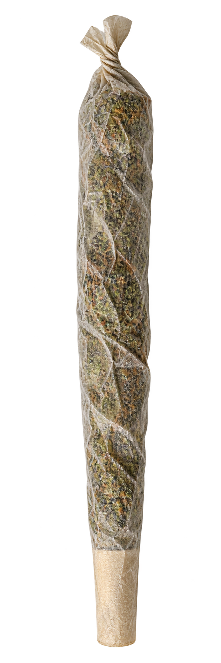 A hand-rolled joint on a transparent background, rising up out of frame with the twisted end at the top and the paper filter at the bottom